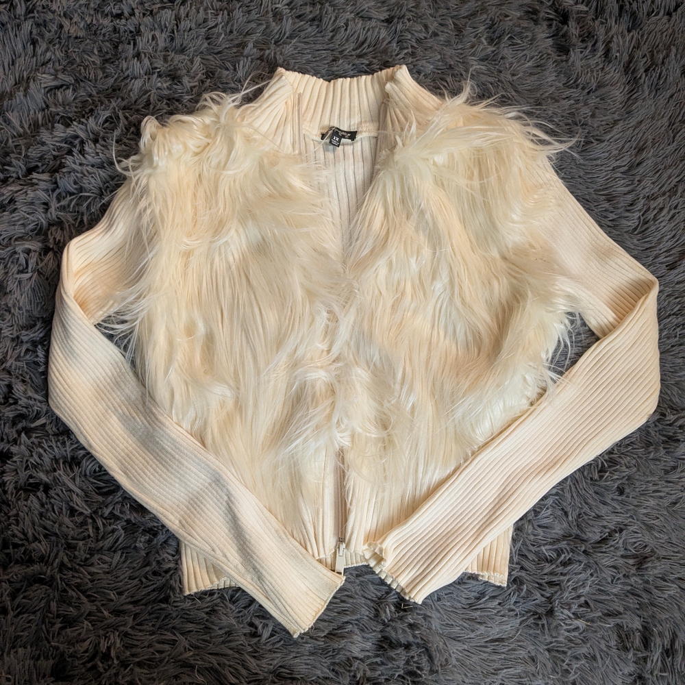 Dolls Kill Ribbed Ivory Zip Up Furry Sweater